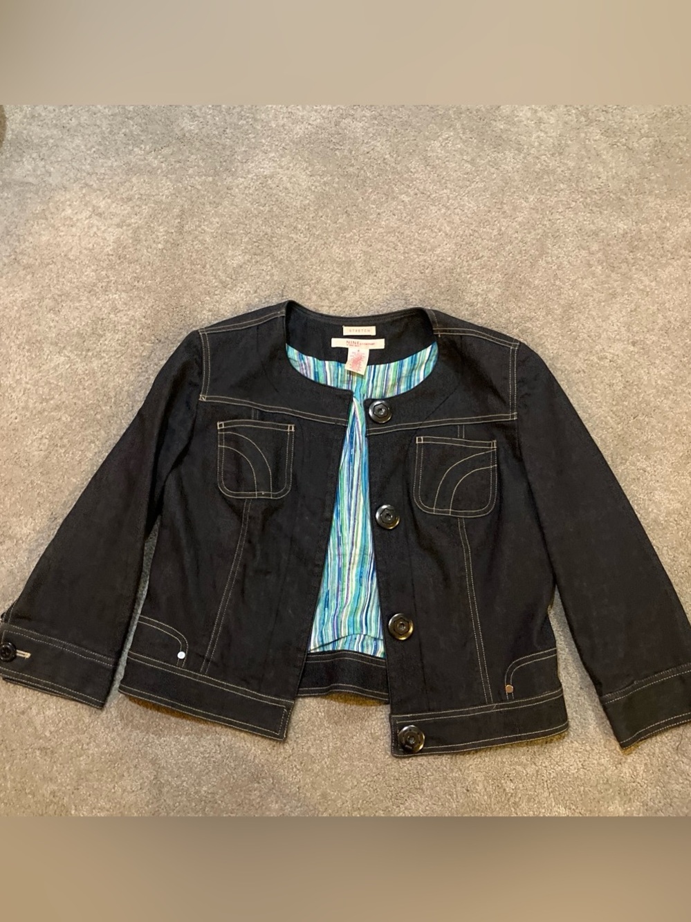 Nine West Black Denim Cropped Jacket with Blue-Striped Lining